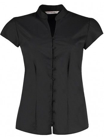 Tailored Fit Mandarin Collar Poplin Blouse Cap Sleeve
